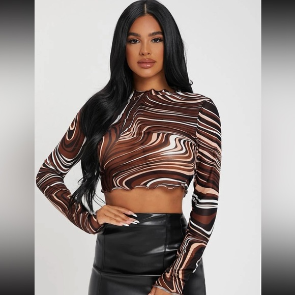 Women’s Long Sleeve Marbled Swirl Groovy Print Lettuce Trim Mesh Crop Top - Picture 2 of 7